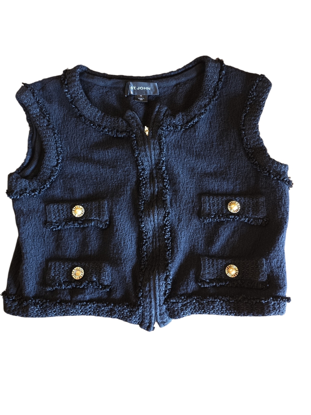 St. John Black Tweed Zip-Front Vest with Gold Hardware